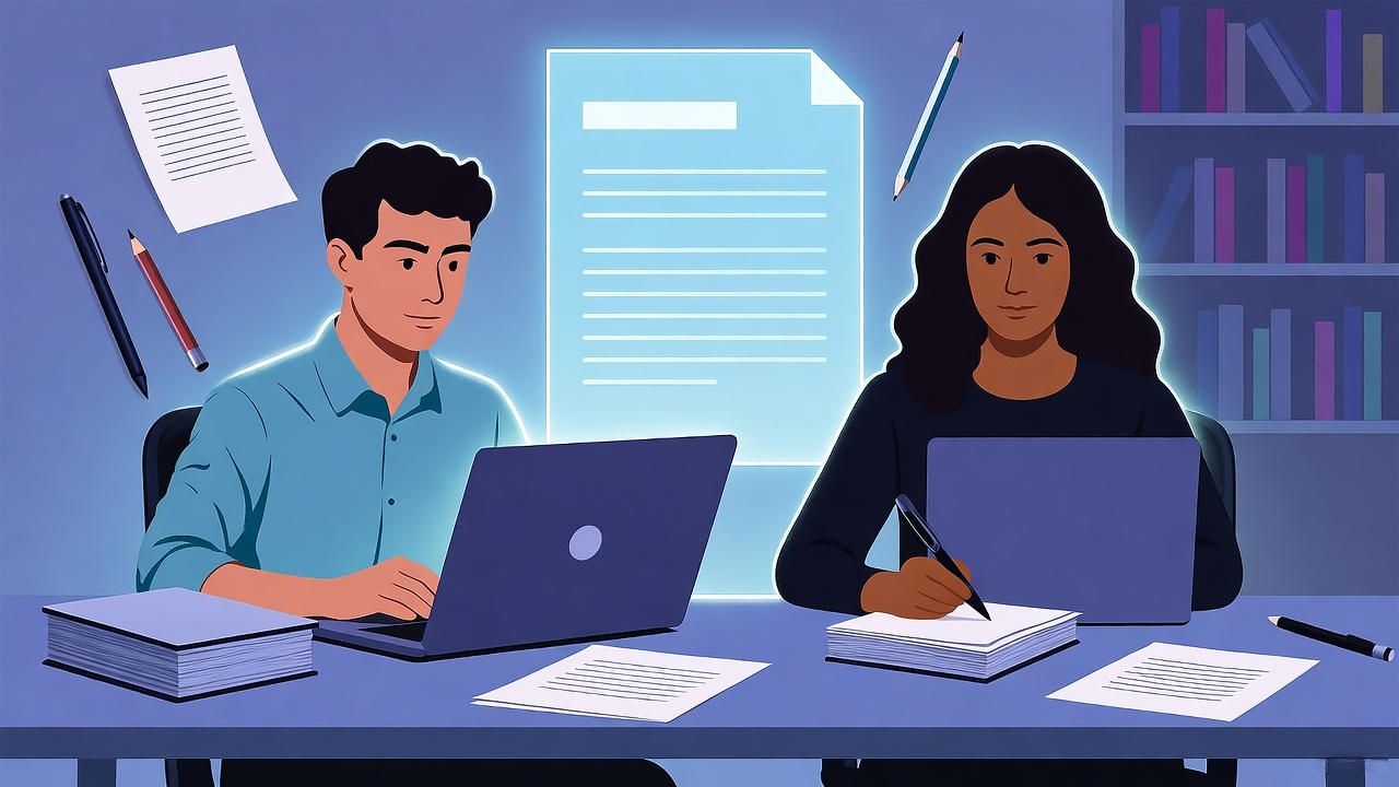 Illustration of two people working together on laptops at a desk surrounded by papers, pencils, and books, symbolizing teamwork, online collaboration, and digital document editing in an office or study environment.