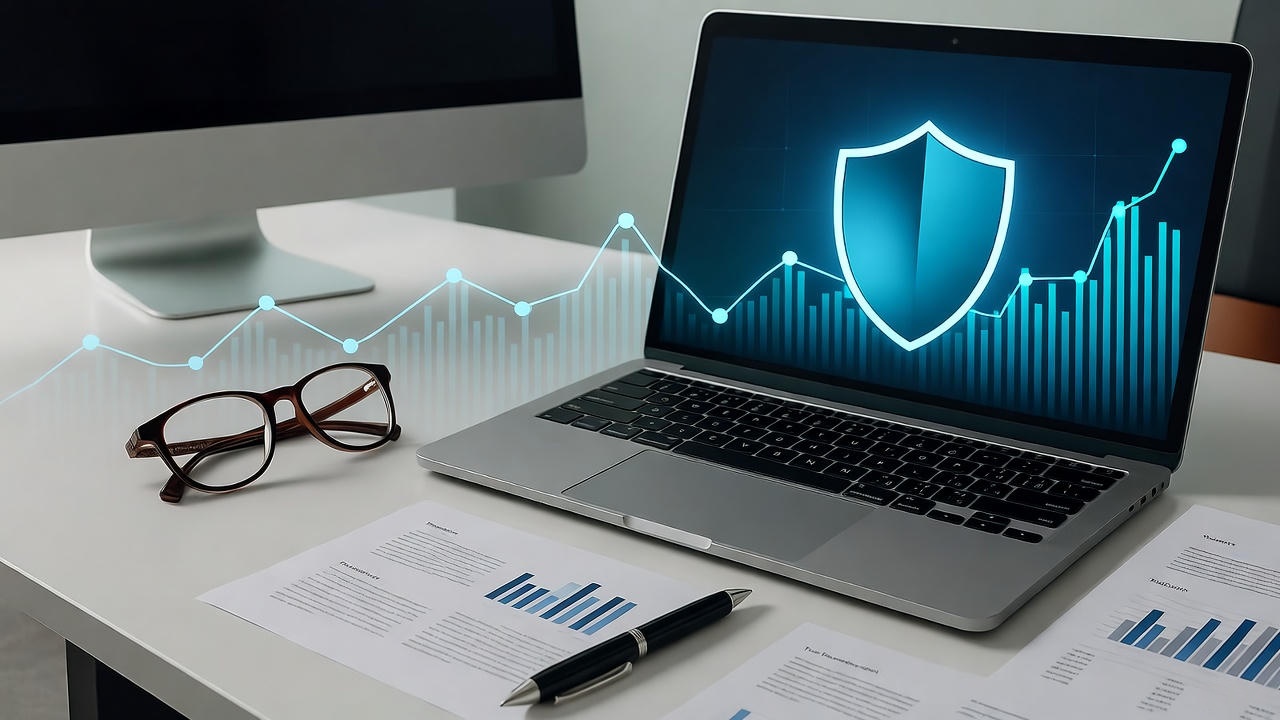Open laptop displaying a glowing blue cybersecurity shield icon with a digital bar and line graph, symbolizing data protection and network security analytics, placed on an office desk with charts, glasses, a pen, and a desktop monitor in the background.